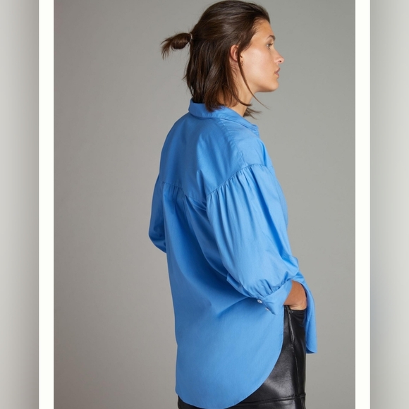 Mauve by Anthropologie Poplin Buttondown Shirt 3/4 Puffed Sleeve Blue Size Small - Picture 4 of 16